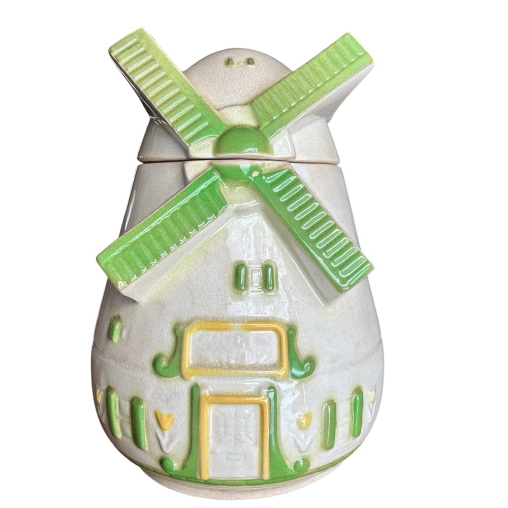 Vintage Windmill Cookie Jar Fredericksburg Art Pottery Green & Yellow 40’s FAPCO